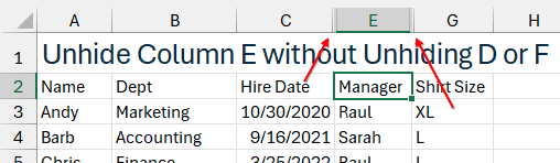 После отображения столбца E, столбцы D и F остаются скрытыми.