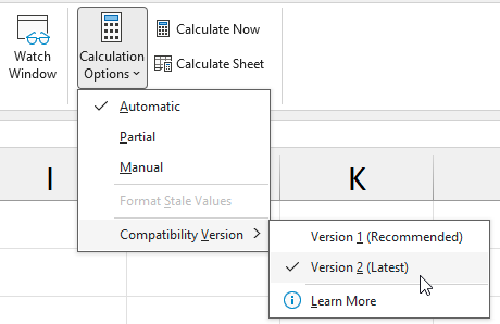 На вкладке Формулы откройте выпадающий список Параметры вычислений. Выберите Версия совместимости и установите Версия 2 (Последняя).