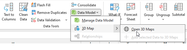 Команда 'Открыть 3D Карту' в группе 'Инструменты для работы с данными' на вкладке 'Данные'. В раскрывающемся меню 'Модель данных' доступны три инструмента: Управление моделью данных, 3D Карта и Связи.