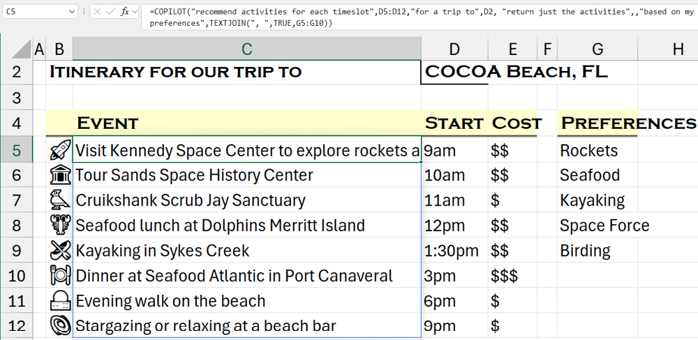 Функции COPILOT предлагают варианты осмотра достопримечательностей для города, введенного в D2.