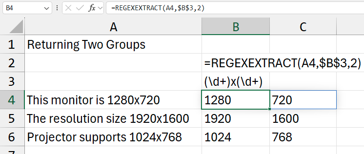 Использование Regex для возврата двух групп. Столбец A содержит предложение с разрешением монитора, например, 'Этот монитор 1280x720'. Код Regex в B3: (\d+)x(\d+). Формула REGEXEXTRACT(A4,$B$3,2) возвращает две ячейки: 1280 и 720.
