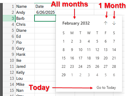 Интерфейс выбора даты. В левом верхнем углу отображается февраль 2032 года. В правом верхнем углу видны стрелки вверх и вниз для навигации по месяцам. Календарь содержит столбцы с днями недели и числами от 1 до 29. В правом нижнем углу расположена кнопка 'Перейти к сегодняшнему дню'.
