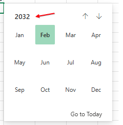 Вид выбора месяца в инструменте выбора даты. Кликните на год вверху, чтобы переключиться на выбор года.