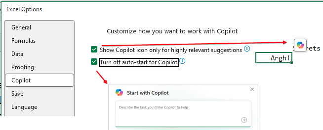 Настройки Copilot в параметрах Excel: отключение плавающего значка и автоматического запуска