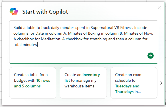 Панель Start with Copilot с примером запроса для создания таблицы отслеживания тренировок в VR