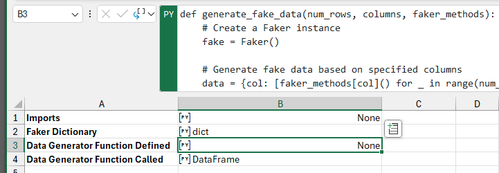 В таблице представлены четыре формулы Python: Импорт библиотек в B1, Словарь Faker в B2, Определение функции генератора данных в B3 и Вызов функции генератора данных в B4.