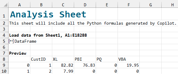 Лист, вставленный Python. A4 указывает источник данных, а в A5 находится Python-формула с фреймом данных.