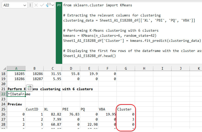 Столбец кластера, добавленный к исходному набору данных, назначает каждую запись определенному кластеру.