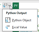 Маленькое выпадающее меню слева от строки формул предлагает выбор: вернуть результат как Python-объект или как значения Excel.