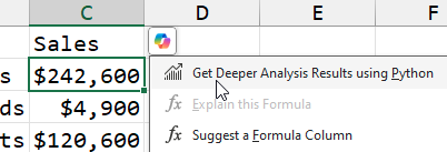 Открытие меню Copilot и выбор опции Get Deeper Analysis Results Using Python.