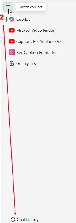 После нажатия на меню-гамбургер история чата находится в самом низу панели.