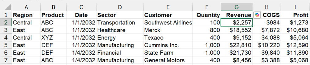 Набор данных с колонками: Выручка в столбце G, Себестоимость в H, Прибыль в I.
