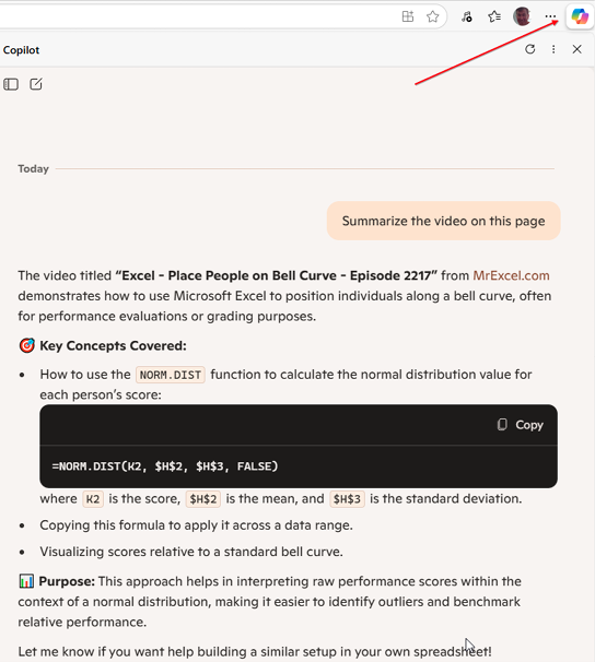 Copilot создаёт краткое содержание видео по Excel о размещении людей на кривой нормального распределения.