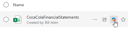 Наведите курсор на файл CocoaColaFinancialStatements и нажмите значок Copilot.