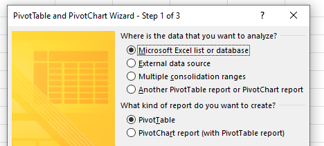 Мастер сводных таблиц и диаграмм в стиле Excel 2003, отображающий шаг 1 из 3.