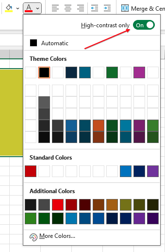 Выпадающие меню выбора цвета шрифта и заливки с новым переключателем High-Contrast Only вверху.