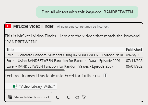 Использование кастомного агента MrExel Video Finder. Промпт: Find All Videos With This Keyword: RANDBETWEEN. Результаты показывают три видео, где упоминается RANDBETWEEN.