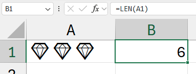 Ячейка A1 содержит три эмодзи. Функция LEN(A1) в ячейке B1 теперь корректно возвращает 3.