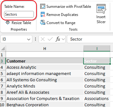 На левой стороне ленты 'Работа с таблицами' присвойте справочной таблице имя, например, Sectors.