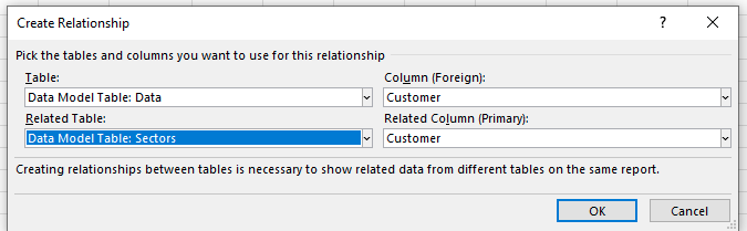 Диалоговое окно 'Создать связь': столбец 'Клиент' таблицы 'Данные' связан со столбцом 'Клиент' таблицы 'Сектора'.