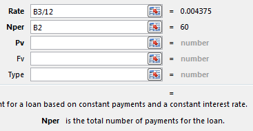 Установив курсор в поле 'Ставка', нажмите на B3 и затем введите /12. Перейдите в поле 'Кпер', и справка покажет, что 'Кпер' — это общее количество платежей по кредиту. Нажмите на B2. Также полезно: справа от каждого поля отображается промежуточный результат. Например, B3/12 равно 0.004375.