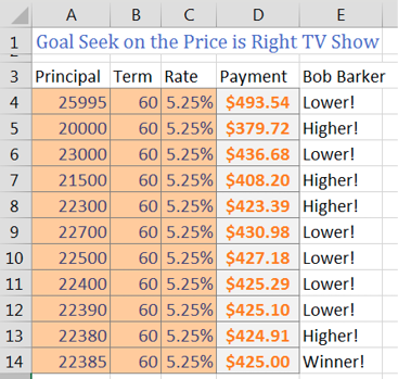Вы пытаетесь угадать правильную цену автомобиля, чтобы получить ежемесячный платеж в 425 долларов. Продолжайте подставлять более высокие/низкие значения, пока не достигнете 425 долларов.