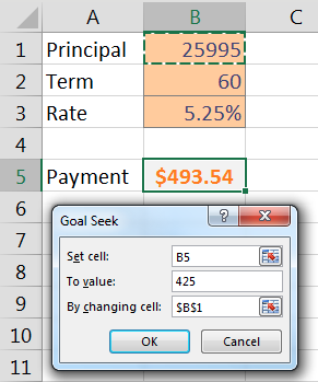 В диалоговом окне 'Подбор параметра' установите ячейку B5 в значение -425, изменяя ячейку B1.