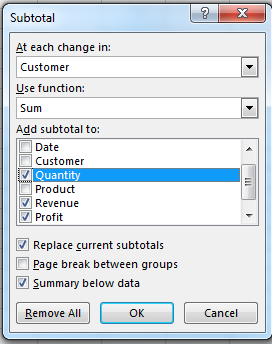 Диалоговое окно 'Промежуточные итоги' с настройками: группировка по клиенту, функция Сумма, добавление итогов к количеству, выручке и прибыли.