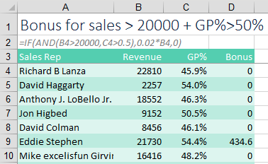 Упростите проверку нескольких условий с помощью AND: =IF(AND(B4>20000,C4>0.5),0.02*B4,0)