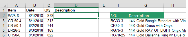 Список артикулов в столбце A и справочная таблица с артикулами и описаниями в столбцах F и G.
