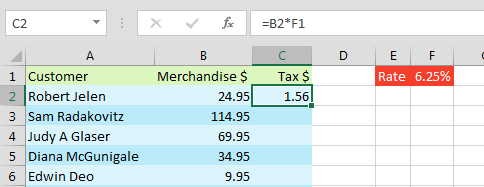 Суммы продаж в B2:B11. Ставка налога в F1. Вводится новая формула =B2*F1.